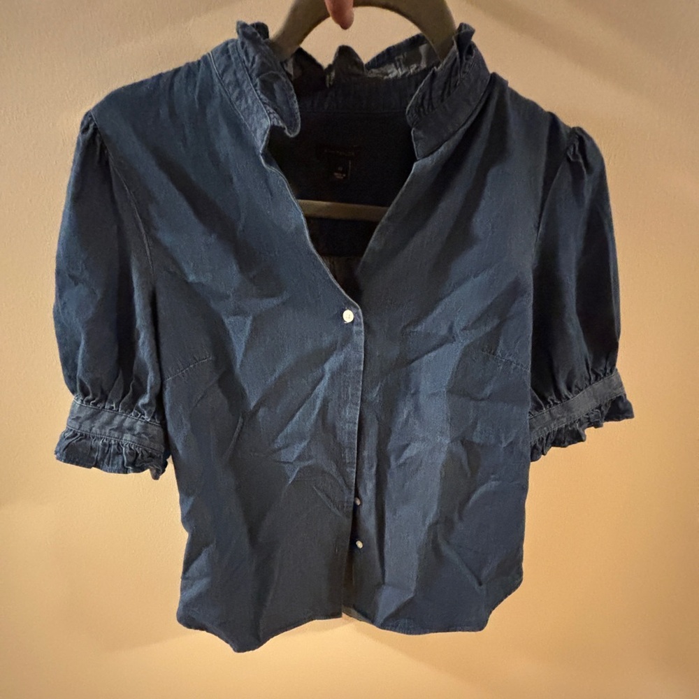 Ann Taylor Ruffle Sleave Blue Blouse
